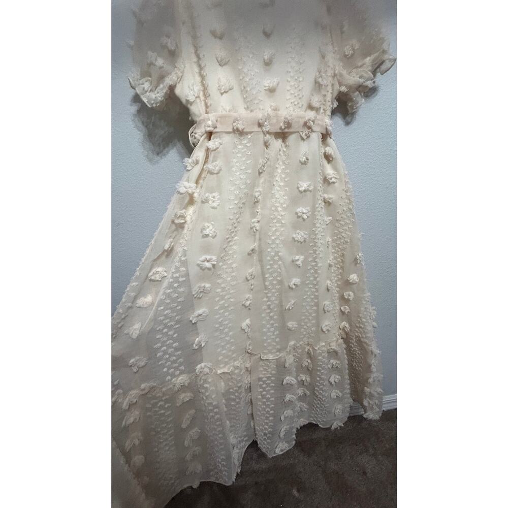 SHEIN Cottagecore Curve V-Neck Jacquard Puff Sleeve Tie Front Cream 3D Dress 1X - Picture 8 of 9